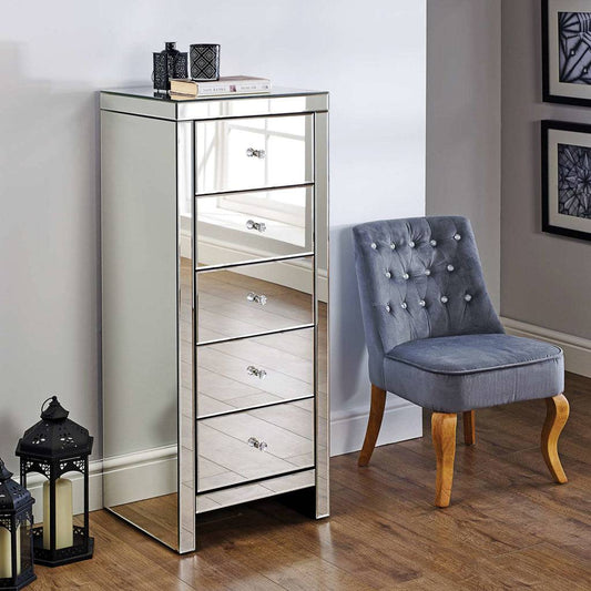 Buy British Seville 5 Drawer Narrow Chest mirrored bedroom storage UK
