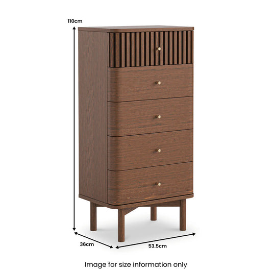 Buy British Soho Dark Oak Slatted 5 Drawer Tallboy Chest free UK delivery
