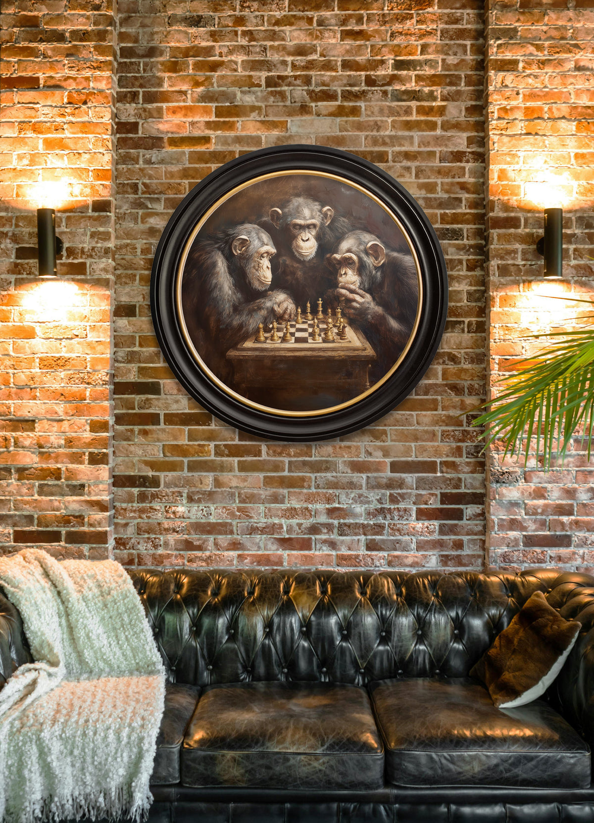 Buy Chess-Playing Chimps round framed wall art in black and gold