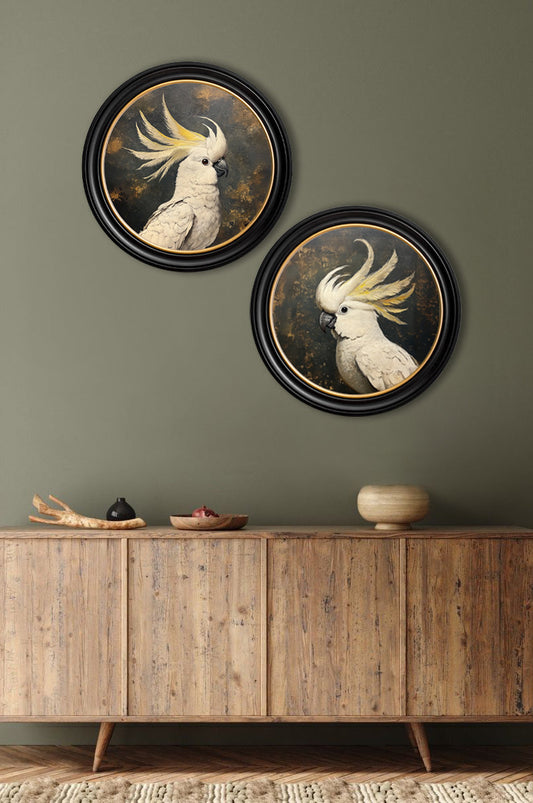 Buy Cockatoo Pair Round Framed Art Prints in Sustainable Wood
