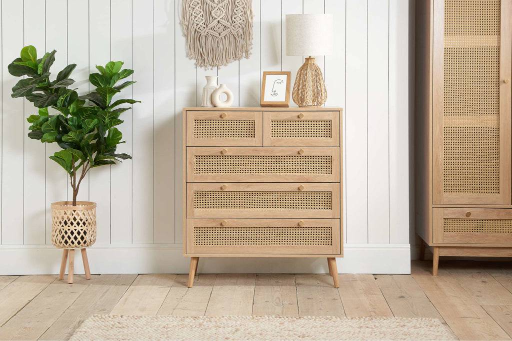 Buy Croxley 5 Drawer Rattan Chest Oak bedroom storage UK
