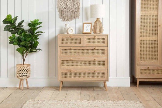 Buy Croxley 5 Drawer Rattan Chest Oak bedroom storage UK
