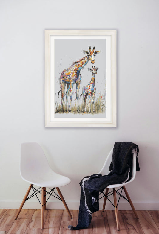 Buy Family of Giraffes Cosy Sketch Cream Hurstwood square framed print UK