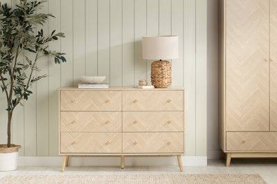 Buy Herringford Oak 6 Drawer Wide Chest herringbone bedroom storage UK
