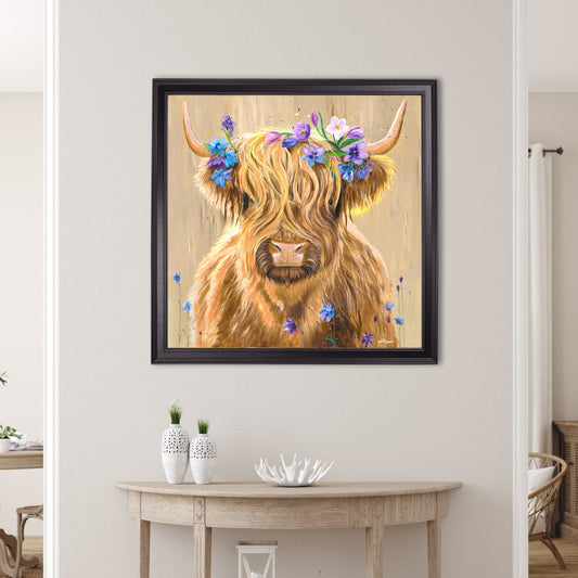 Buy Highland Cow Print Flower Girl by Amy Ansell black square framed print UK