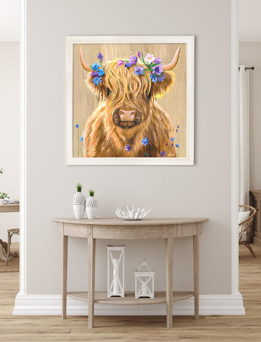 Buy Highland Cow Print Flower Girl by Amy Ansell cream square framed print UK