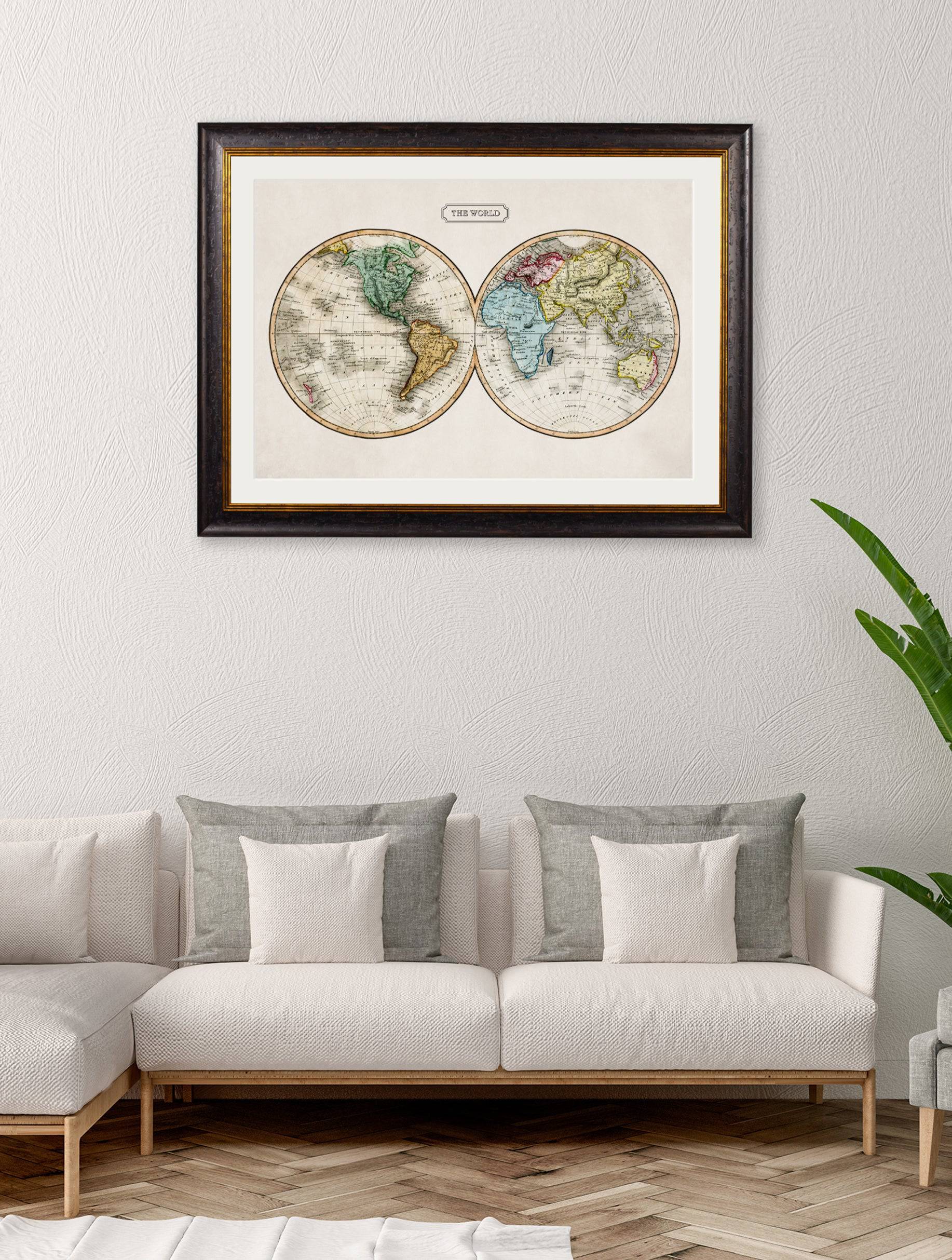 Buy Large 95x130cm c.1800s Double Hemisphere Map in Oxford Wood Frame