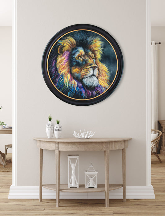 Buy Lion Print Courage by Amy Ansell Oxford round framed print UK