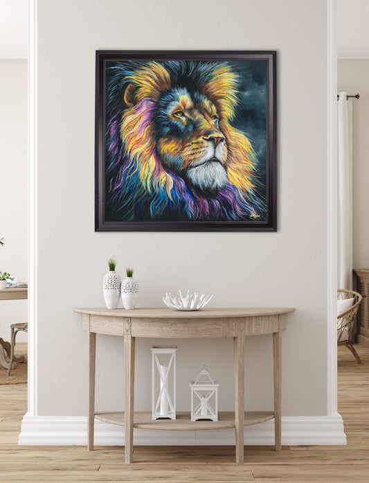 Buy Lion Print Courage by Amy Ansell black square framed print UK