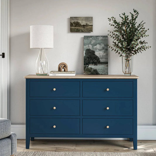 Buy Marlow Navy 6 Drawer Chest mid-century modern UK

