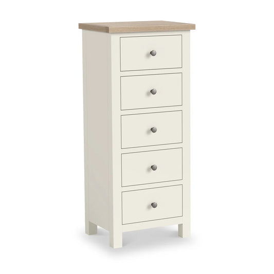 Buy Modern Country 5 Drawer Tallboy Chest Coconut White UK
