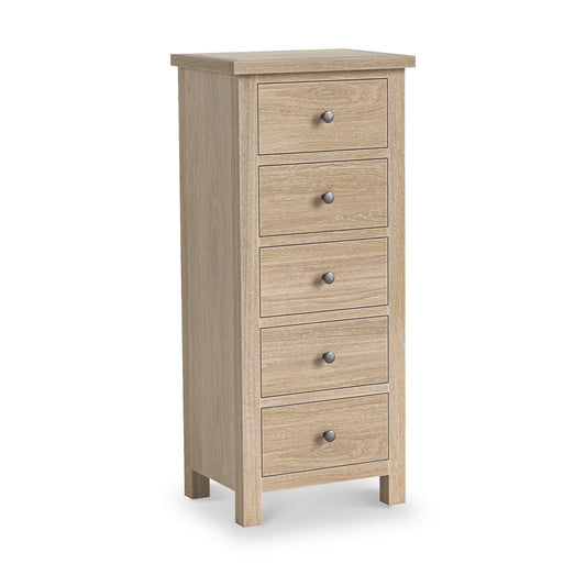 Buy Modern Country Washed Oak 5 Drawer Tallboy bedroom storage UK
