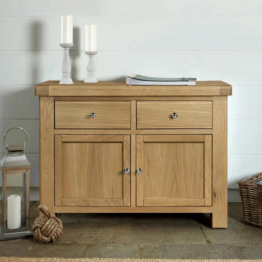 Buy Normandy 110cm Rustic Oak Small Sideboard featuring Polished Silver Knobs