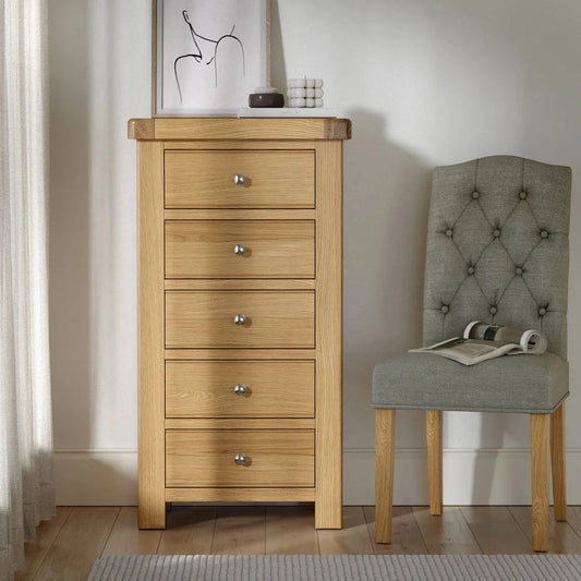 Buy Normandy Oak 5 Drawer Tallboy Chest solid oak UK
