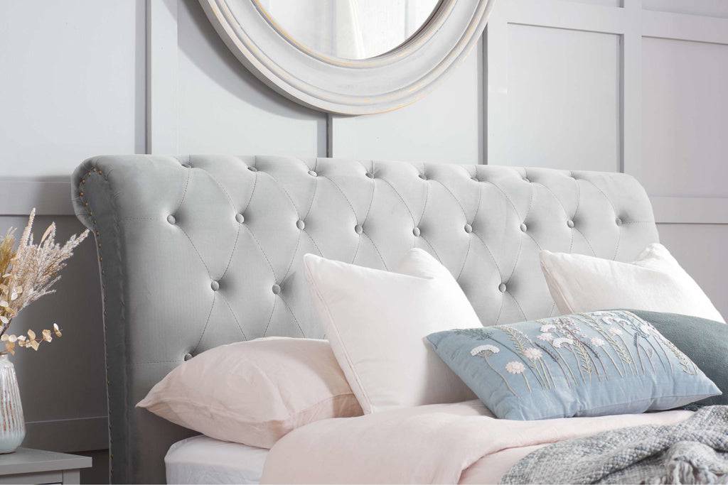 Buy Opulence Fabric Bed Grey Velvet Luxury Bed - Blythe Living