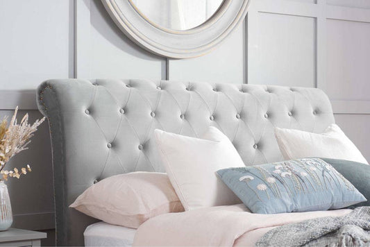 Buy Opulence Fabric Bed Grey Velvet Luxury Bed - Blythe Living