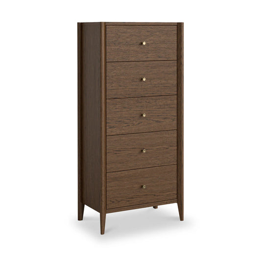 Buy Paris Oak 5 Drawer Tallboy Chest Brown bedroom storage UK
