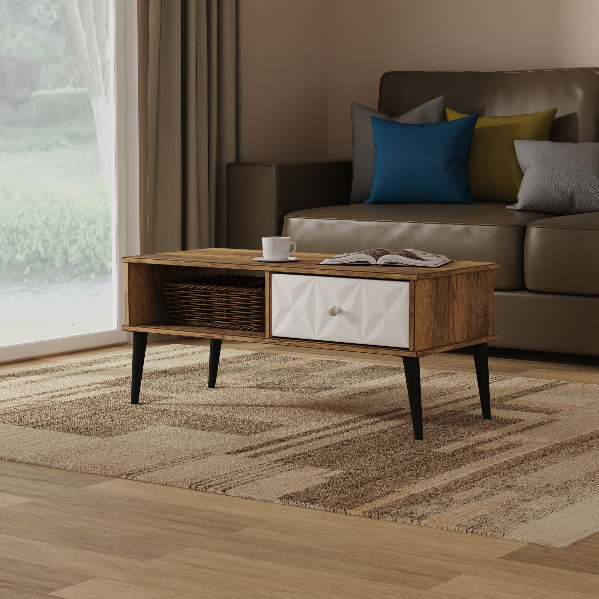 Buy Pixel 1 Drawer Coffee Table in White Matt & Vintage Oak 