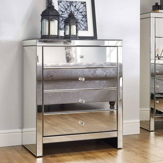 Buy Seville 4 Drawer Chest mirrored bedroom furniture free UK delivery
