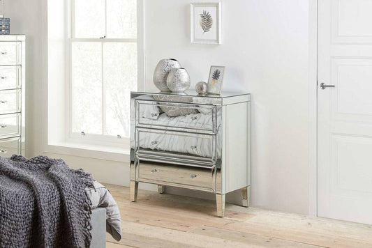 Buy Valencia 3 Drawer Chest mirrored bedroom furniture UK
