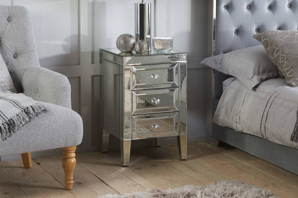 Buy Valencia 3 Drawer Mirrored Bedside - Blythe Living