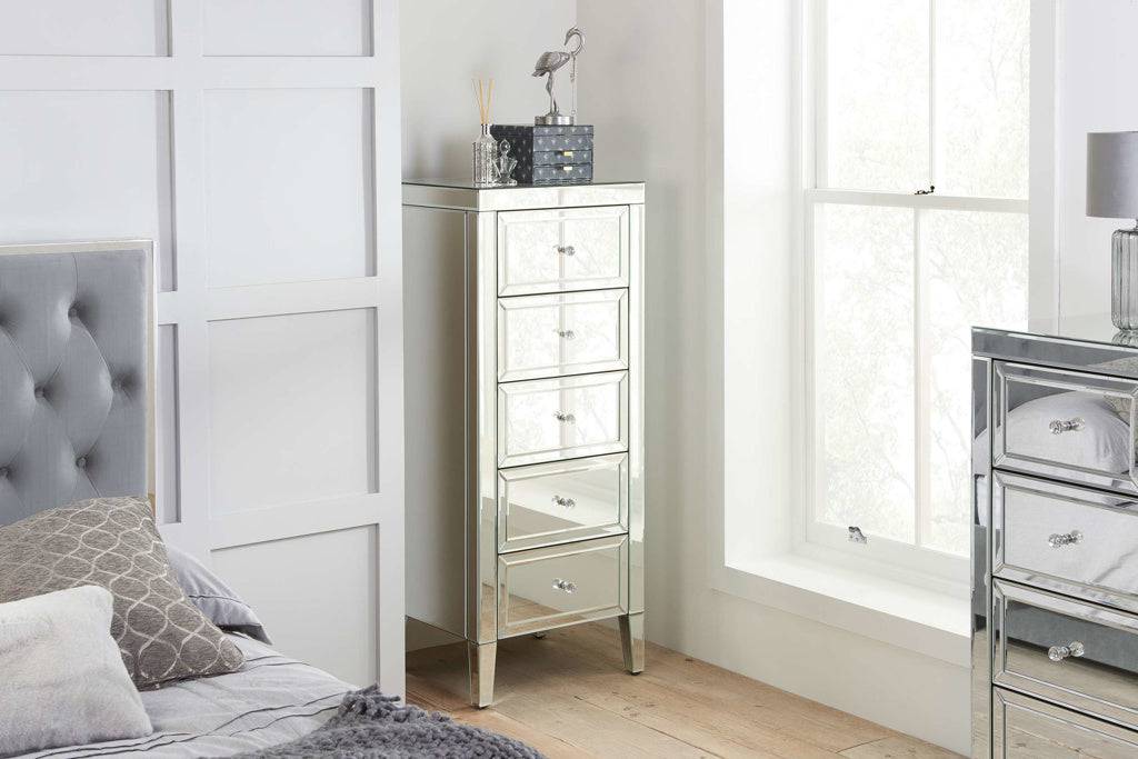 Buy Valencia 5 Drawer Narrow Chest mirrored bedroom furniture UK

