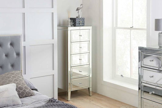 Buy Valencia 5 Drawer Narrow Chest mirrored bedroom furniture UK
