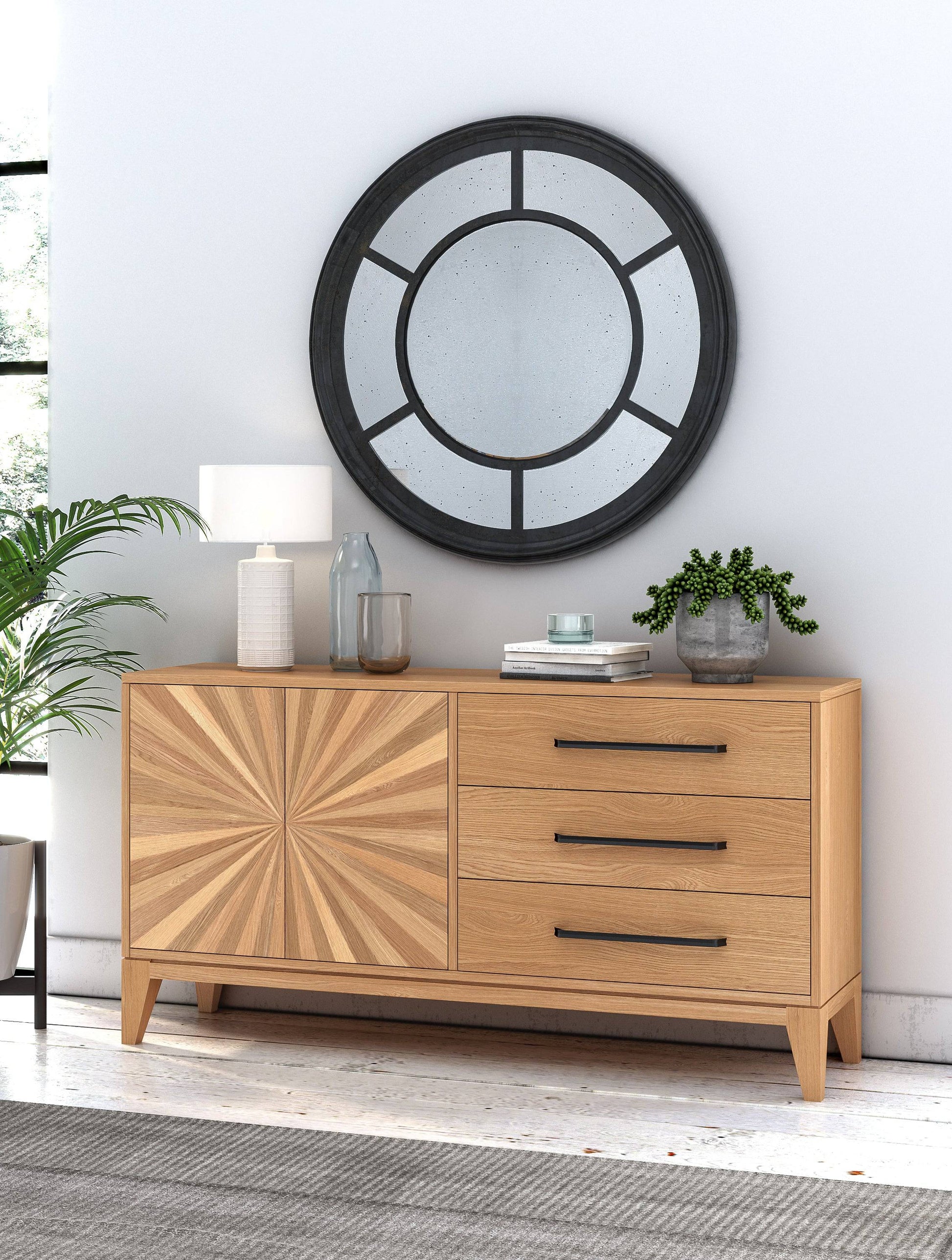 Buy Viento 145cm Oak Sideboard with 3 Drawers and Black Metal Handles