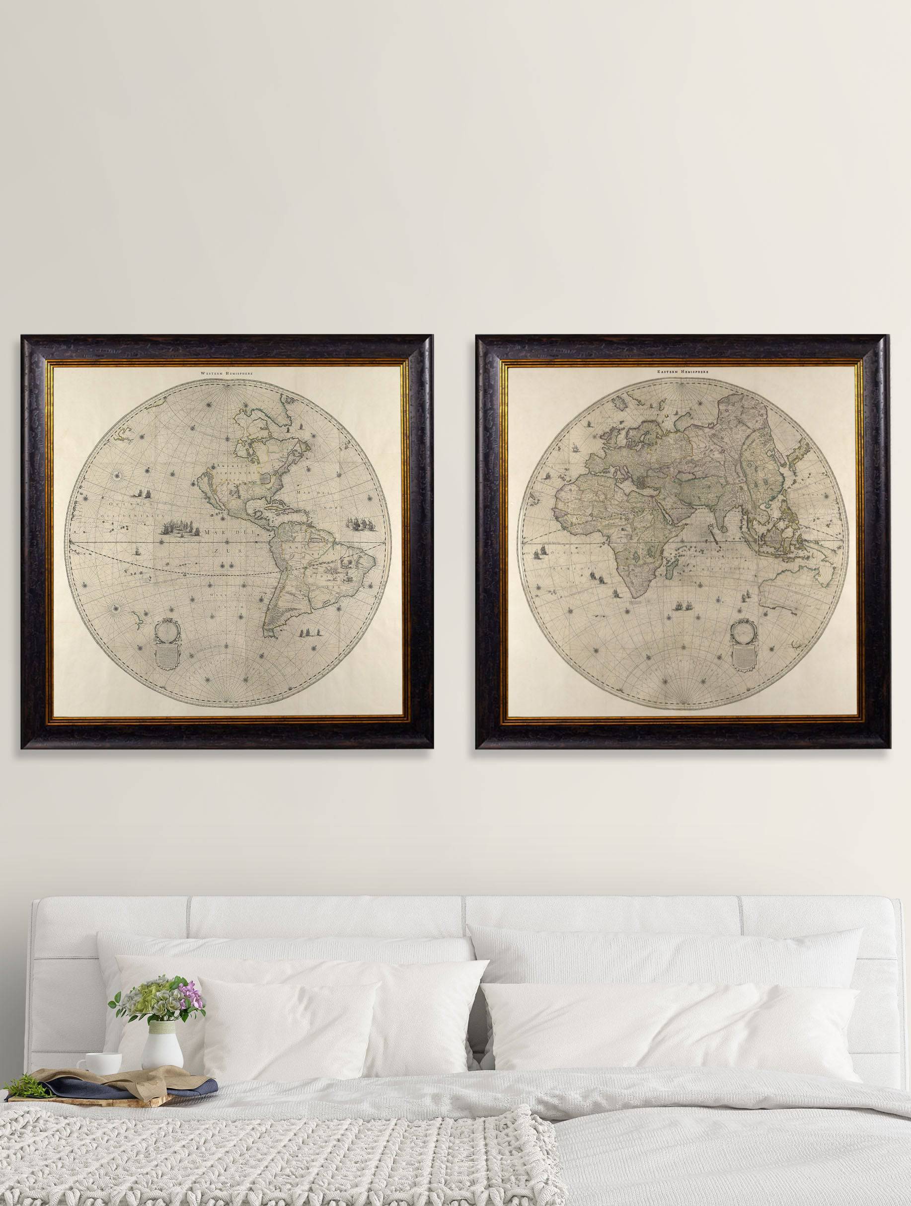 Buy c.1660 Double Hemisphere World Map in Sustainable Wood Round Frame