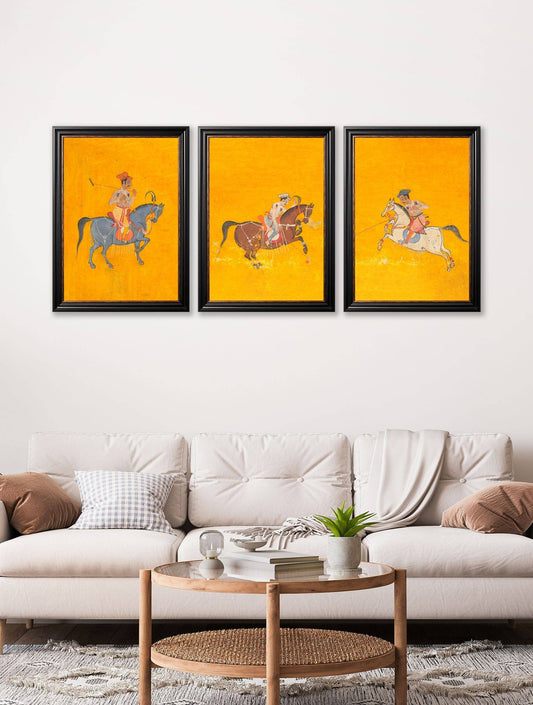 Buy c.17th Century Indian Polo Players Triptych framed prints UK

