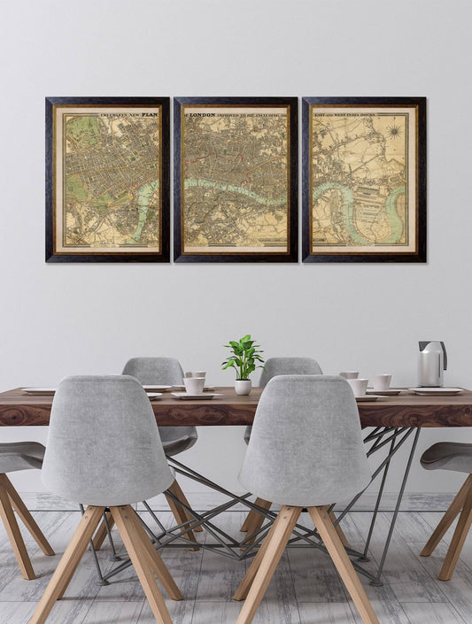 Buy c.1827 London Map Triptych in Sustainable Wood Oxford Frames