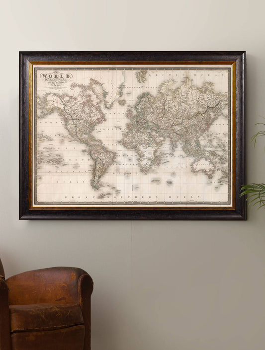 Buy c.1838 World Map Digitally Restored in Sustainable Wood Oxford Frame