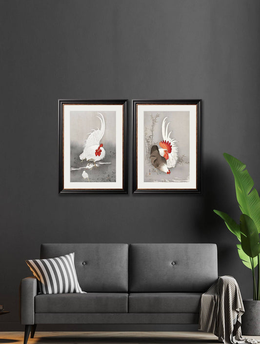 Buy c.1910 Roosters Ohara Koson framed print UK free delivery
