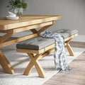 Buy chunky oak 200cm cross legged dining bench grey fabric seat free UK delivery
