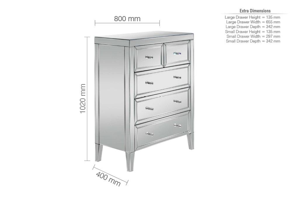 Buy glamorous mirrored 5 drawer chest Valencia free delivery

