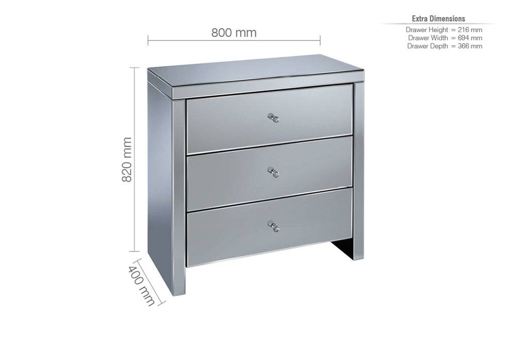 Buy mirrored 3 drawer bedroom chest mock crystal handles free UK delivery online
