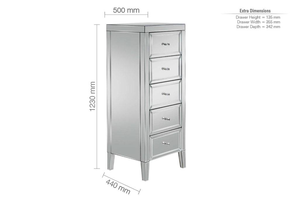Buy mirrored narrow chest of drawers with mock crystal handles UK
