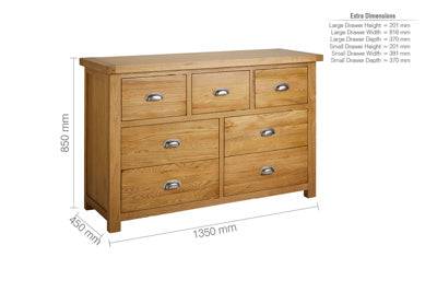 Buy solid oak seven drawer wide chest prominent grain UK online
