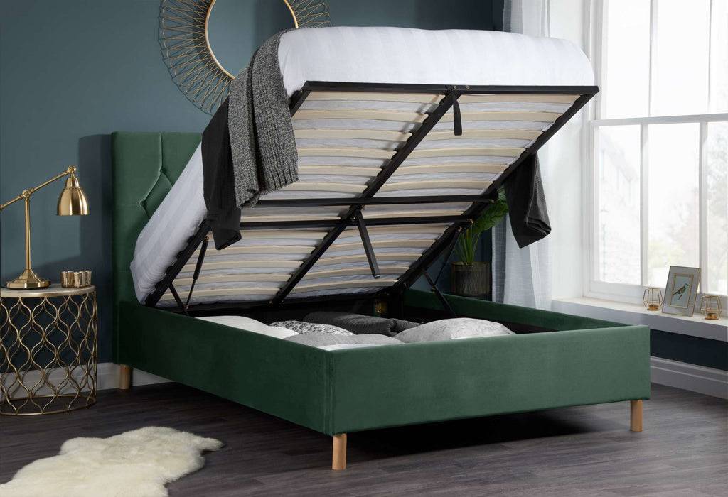 Buy the Loxley Ottoman Bed Green Velvet for a bold, modern upgrade. The Loxley Ottoman Bed Green offers deep storage and premium velvet comfort.