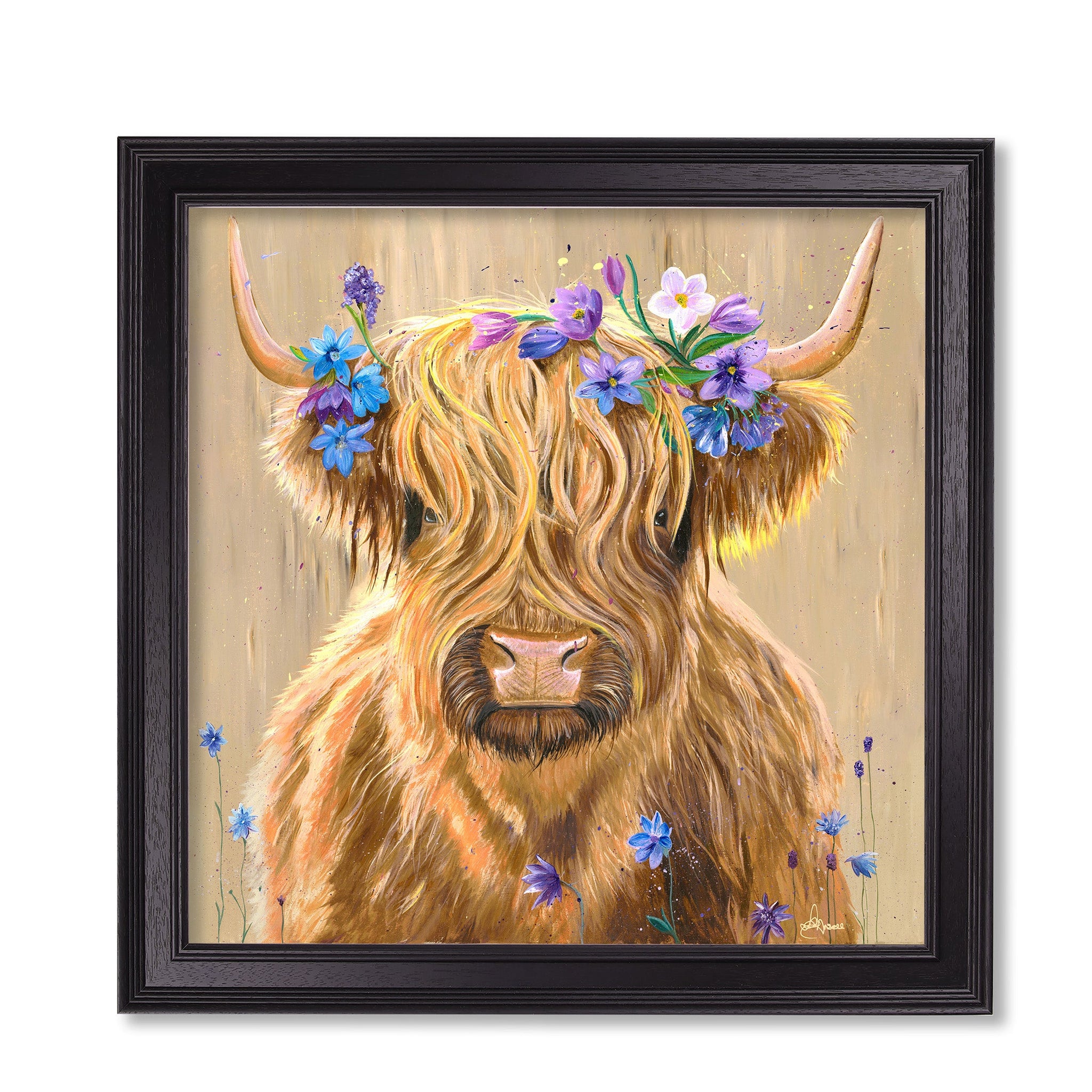 Highland Cow Print 'Flower Girl' by Amy Ansell - Black Square Frame - Blythe Living