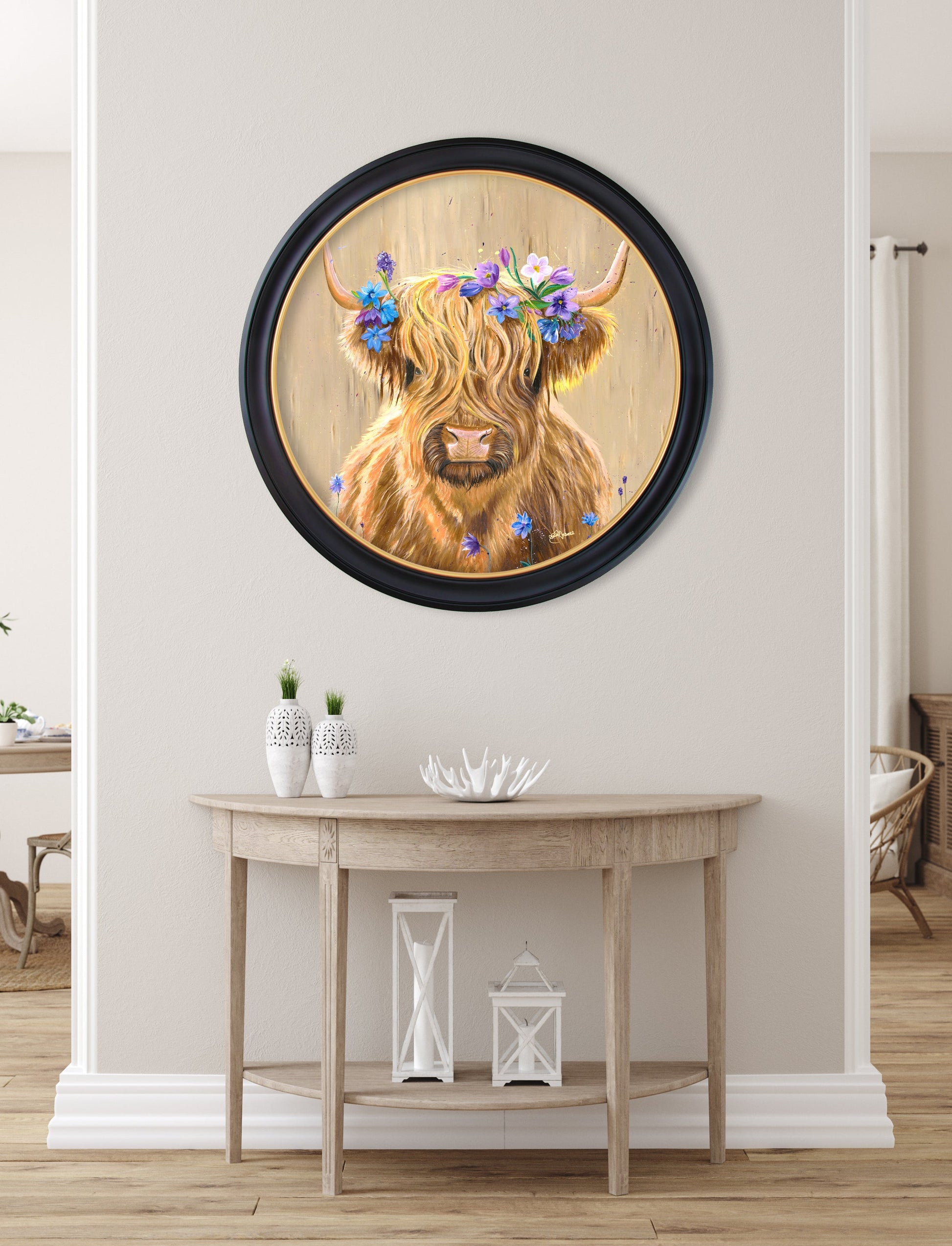 Highland Cow Print 'Flower Girl' by Amy Ansell - Oxford Round Frame - Blythe Living