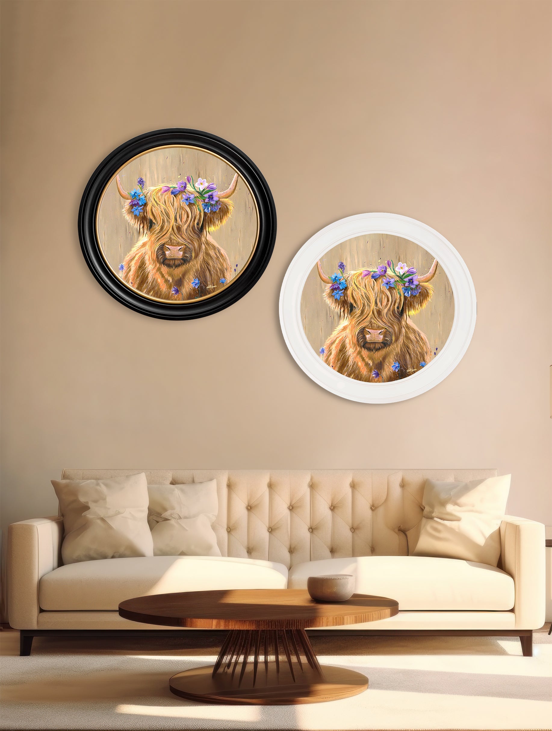 Highland Cow Print 'Flower Girl' by Amy Ansell - Strong White Round Frame - Blythe Living