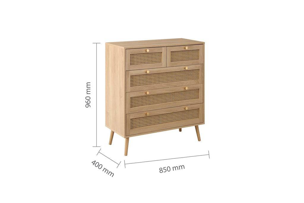 Discover Croxley 5 Drawer Rattan Chest Oak natural bedroom furniture UK
