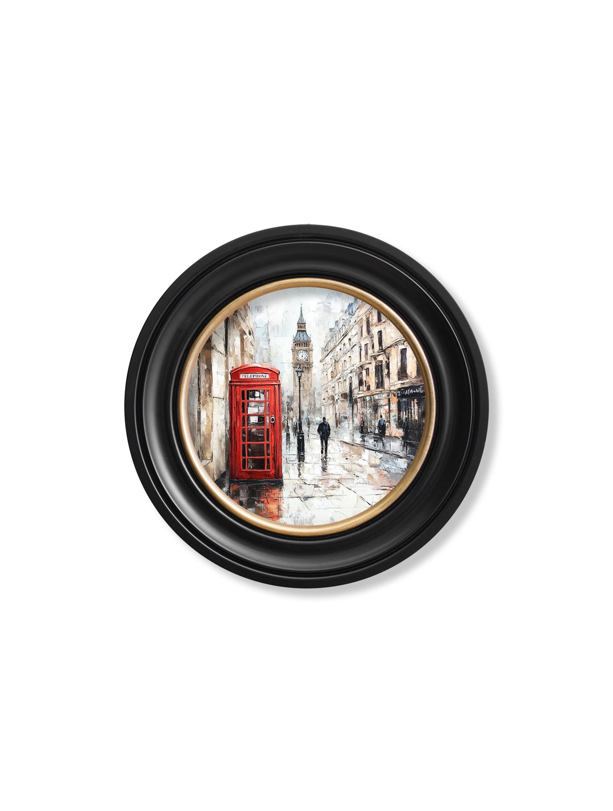 Discover London Telephone Box print in an elegant round frame