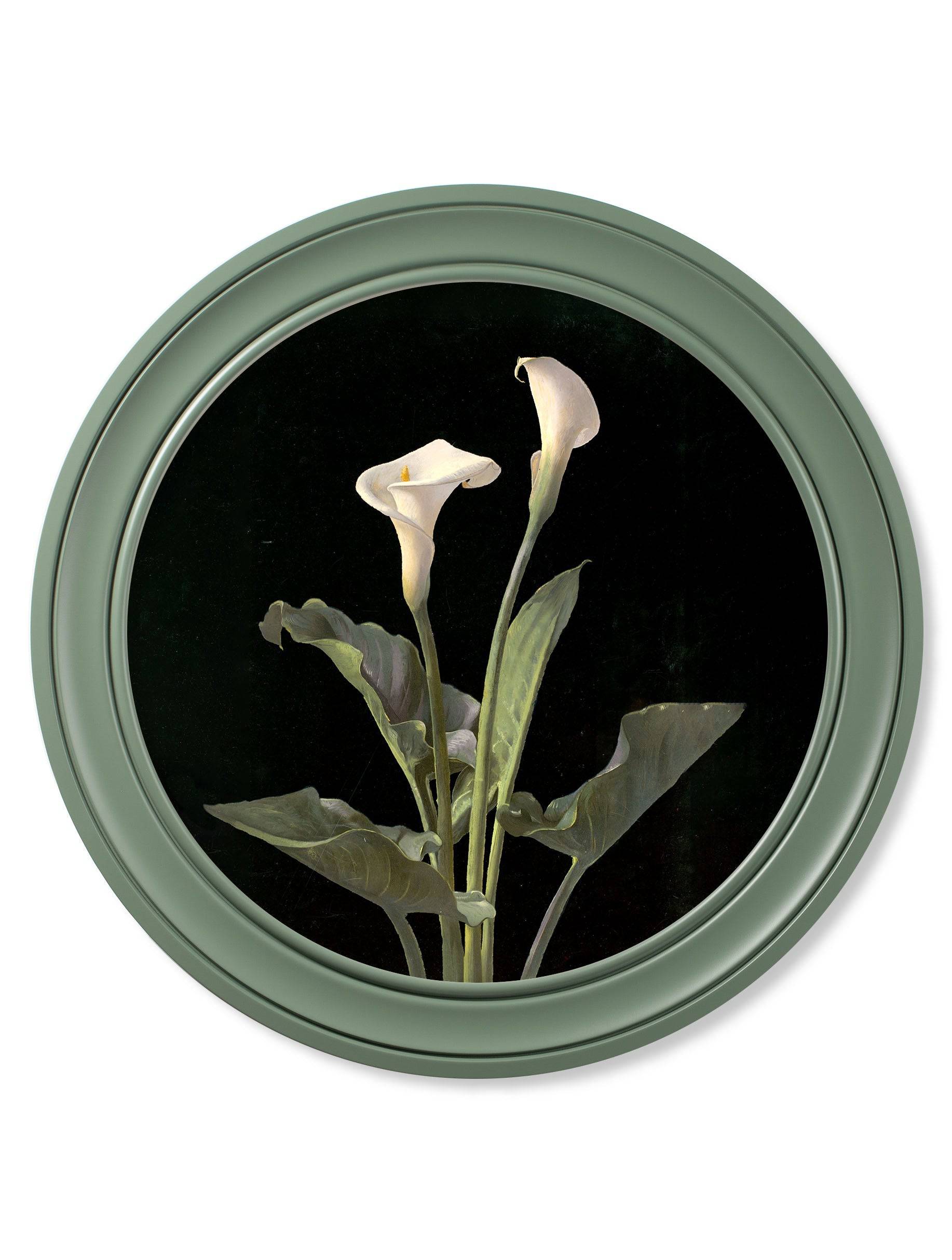 Discover archival-grade Lambdin lily wall art in green round frame
