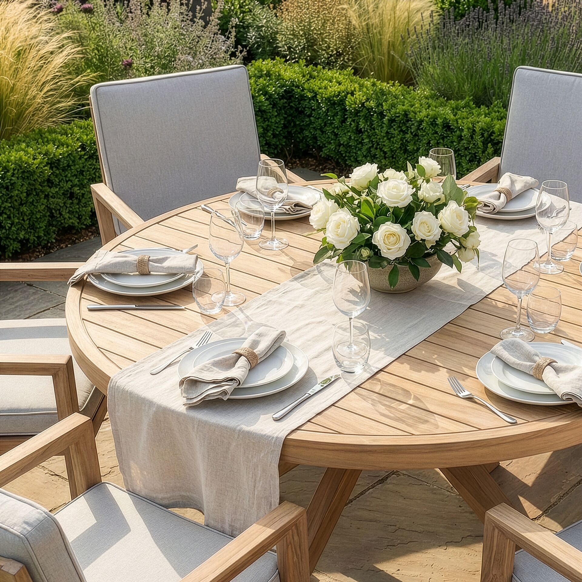 Explore Maze New York Round Dining Set seats six with parasol hole
