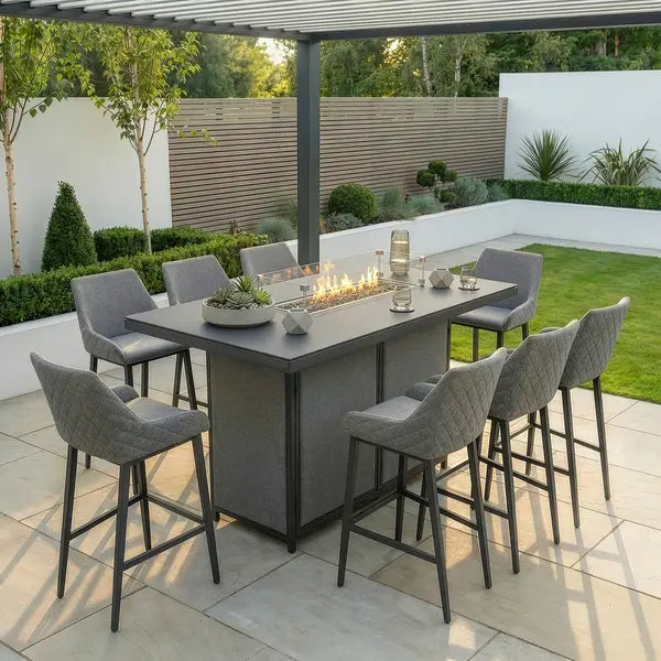 Explore Maze Regal 8 Seat Bar Set with quilted zinc grey bar stools
