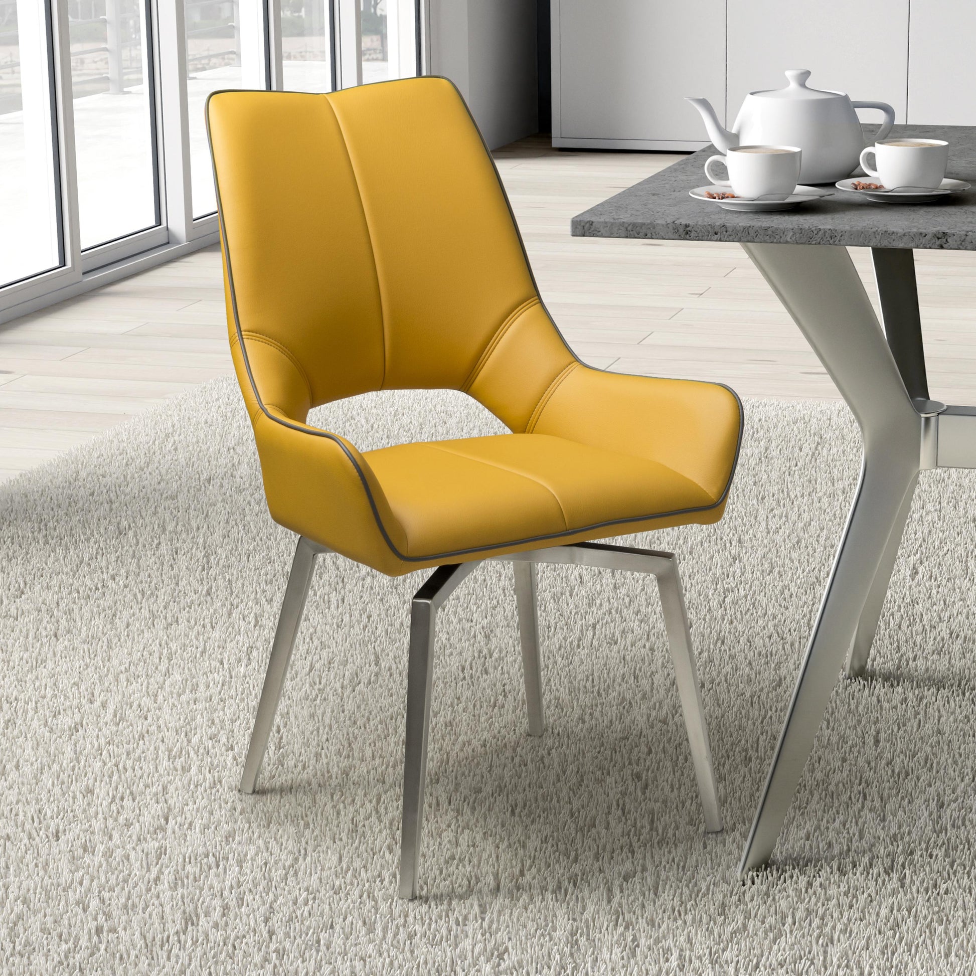 Explore modern yellow dining chair with swivel base