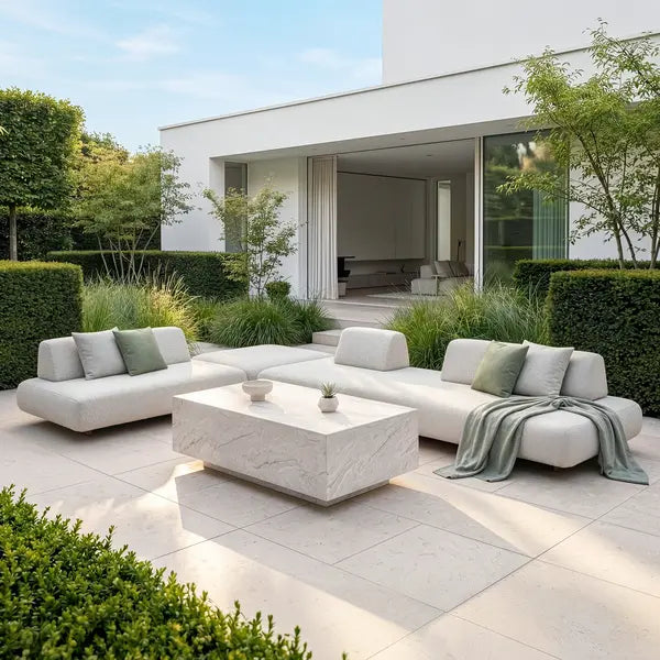 Maze - Outdoor Fabric Cannes Large Corner Sofa Set
with Rectangular Marble Effect Coffee Table - Pebble - Blythe Living
