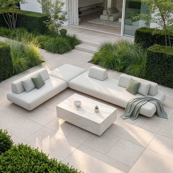 Maze - Outdoor Fabric Cannes Large Corner Sofa Set
with Rectangular Marble Effect Coffee Table - Pebble - Blythe Living